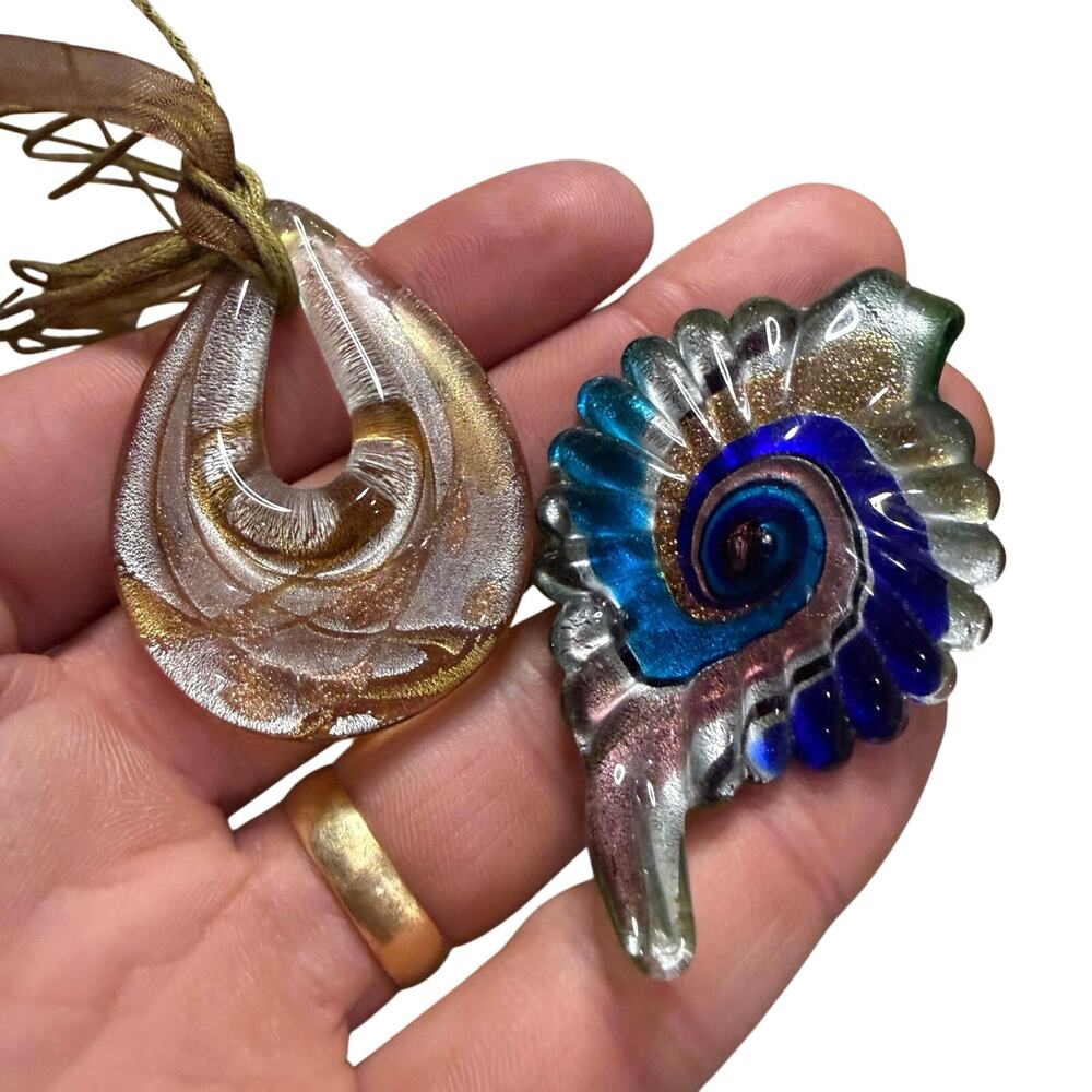 VTG Pair (2) Hand Blown Glass Pendants Large Teardrop Shapes Murano? Multicolor